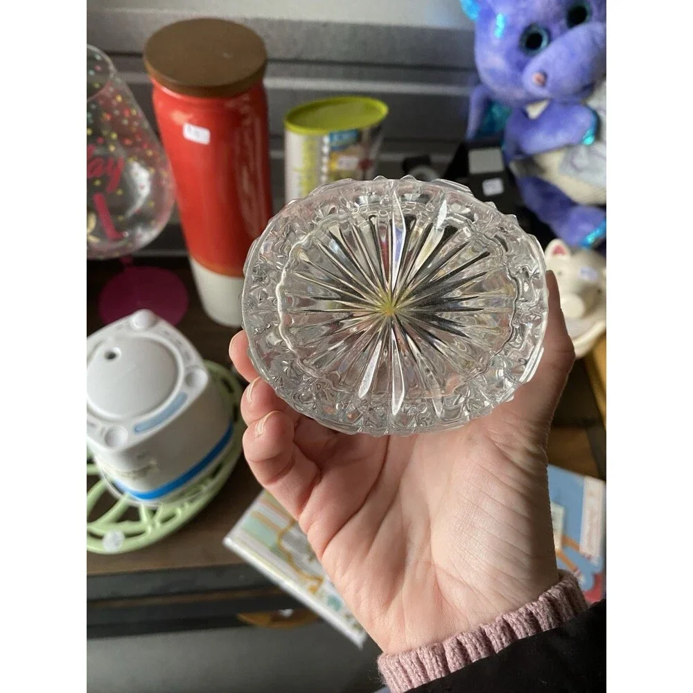 Vintage Pressed Glass Trinket Dish – Starburst Pattern – Small Candy Bowl Decor